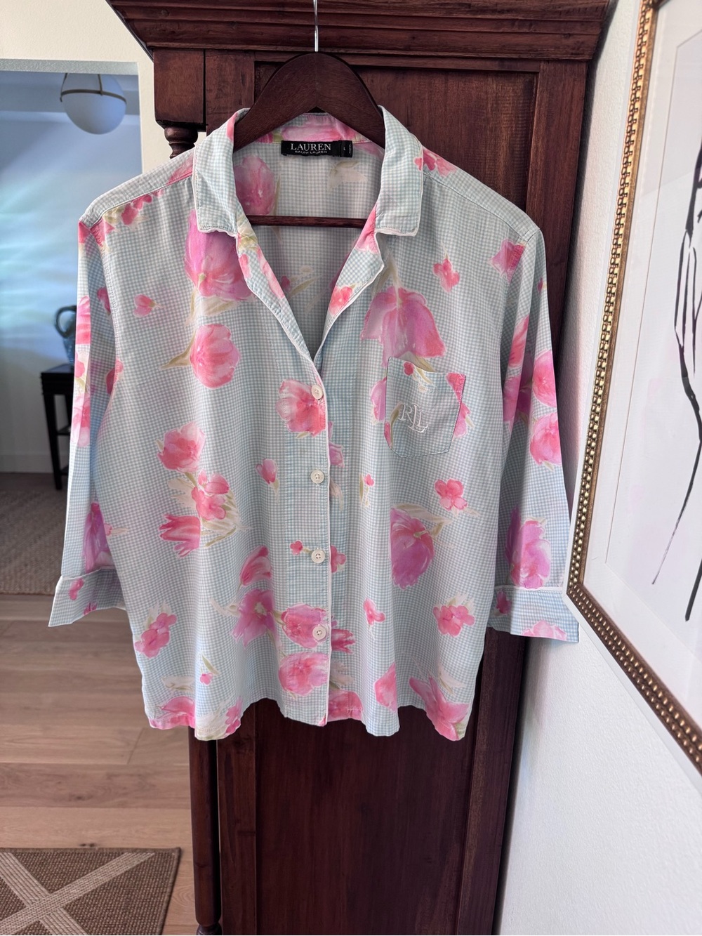 Lauren Ralph Lauren Pajama Top Womens XL Pink Floral Gingham Cotton 3/4 Sleeve